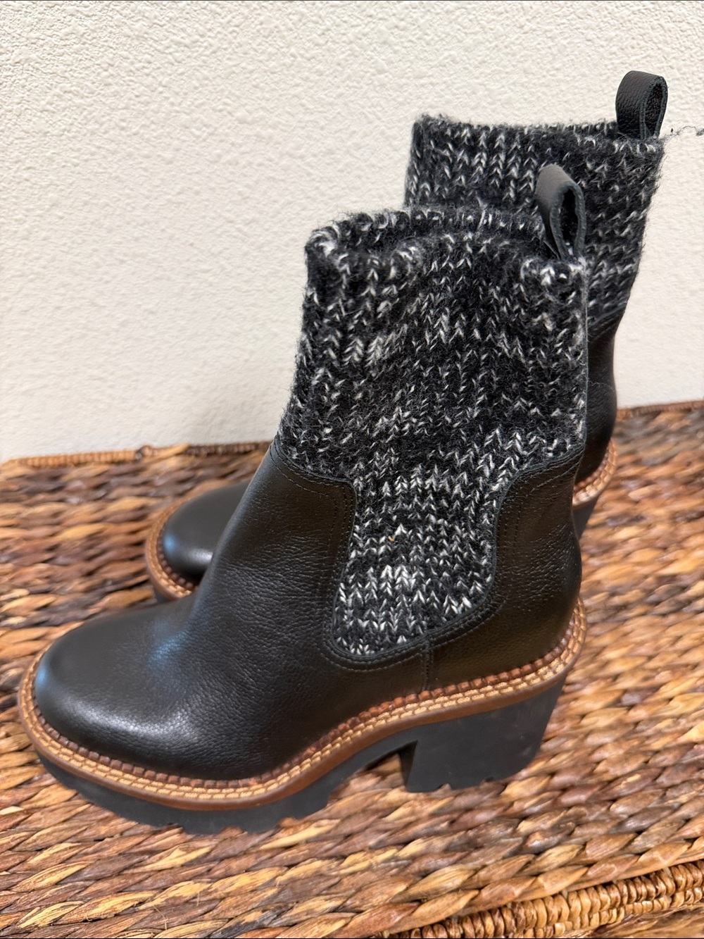 Dolce Vita Black Leather Ankle Boots with Knit Cuff